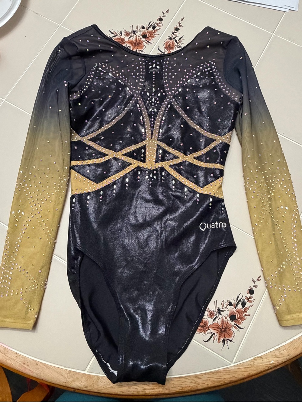 Girls' Black and Gold Long-Sleeve Dance Leotard by
